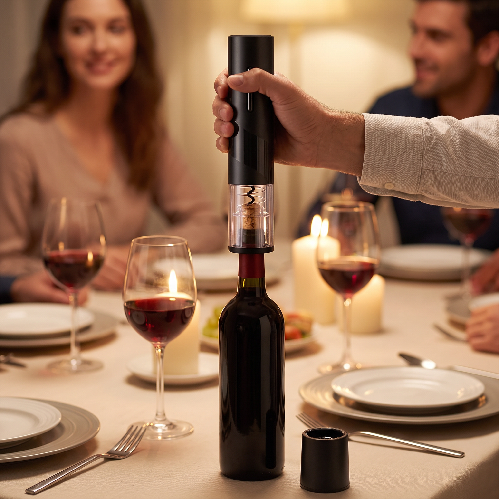 Electric wine bottle opener with foil cutter uncorking wine at a dinner table