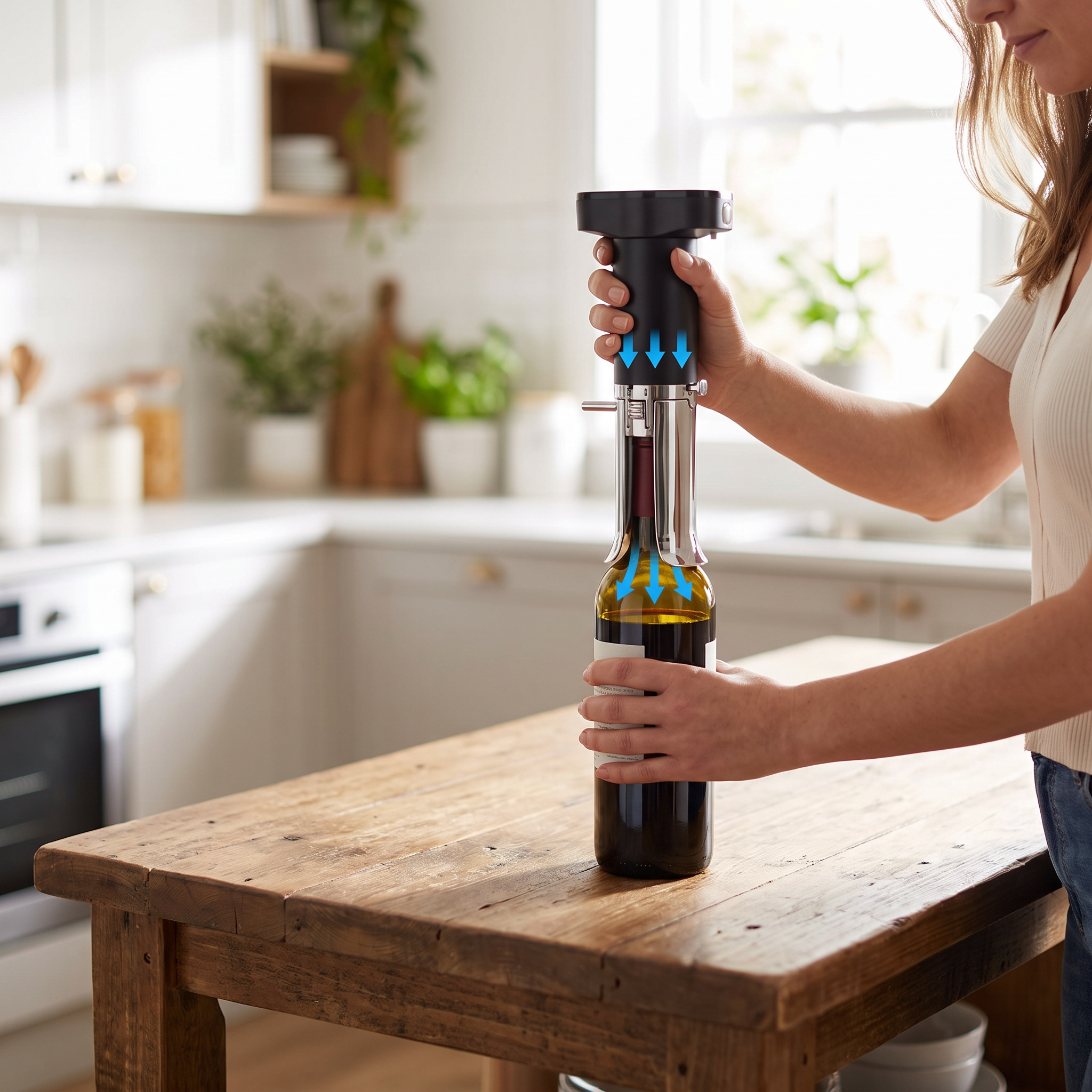 Electric wine opener set with vacuum preservation stopper on a kitchen island