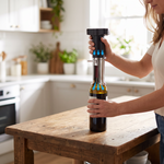 Electric wine opener set with vacuum preservation stopper on a kitchen island