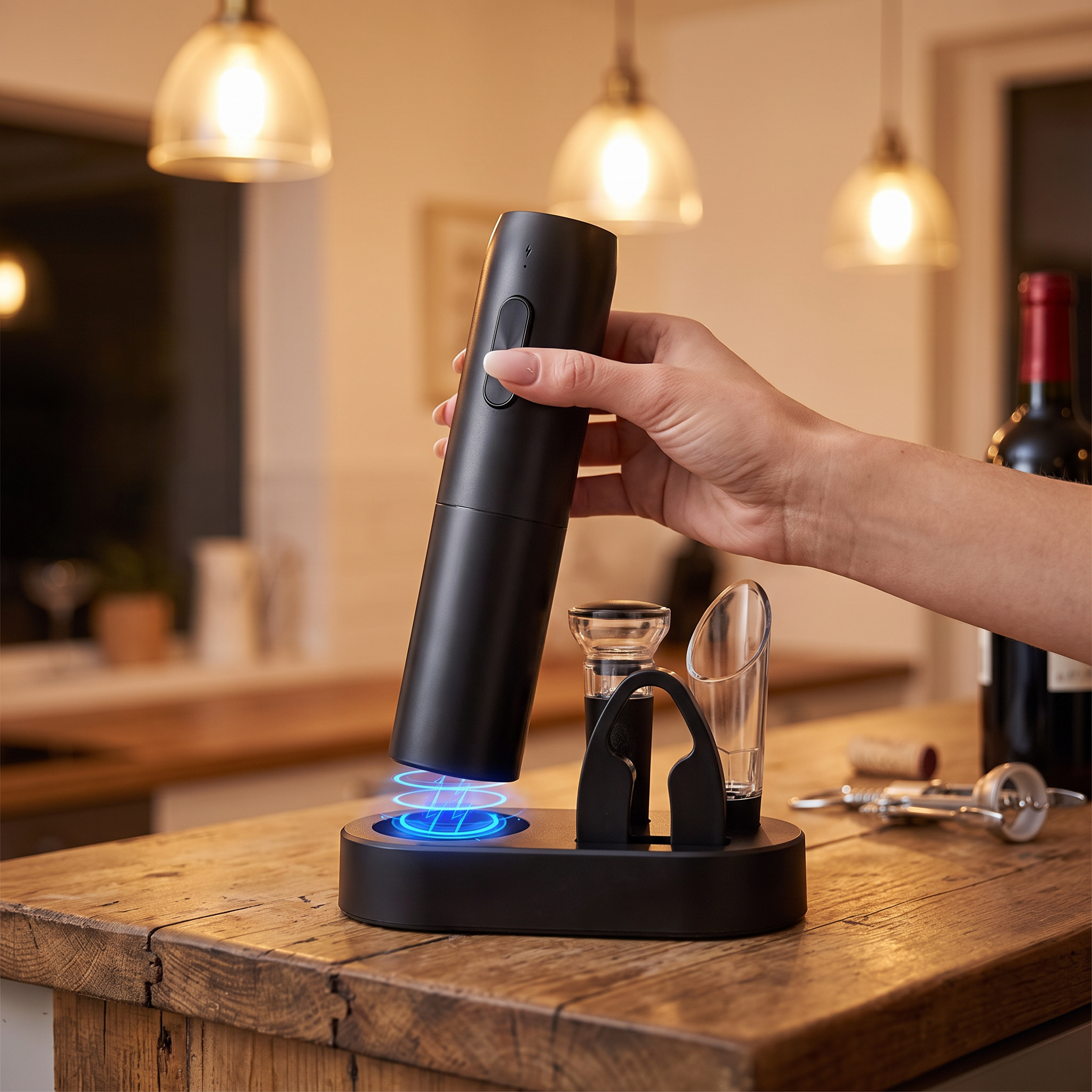 Electric wine bottle opener with rechargeable base on a home kitchen counter