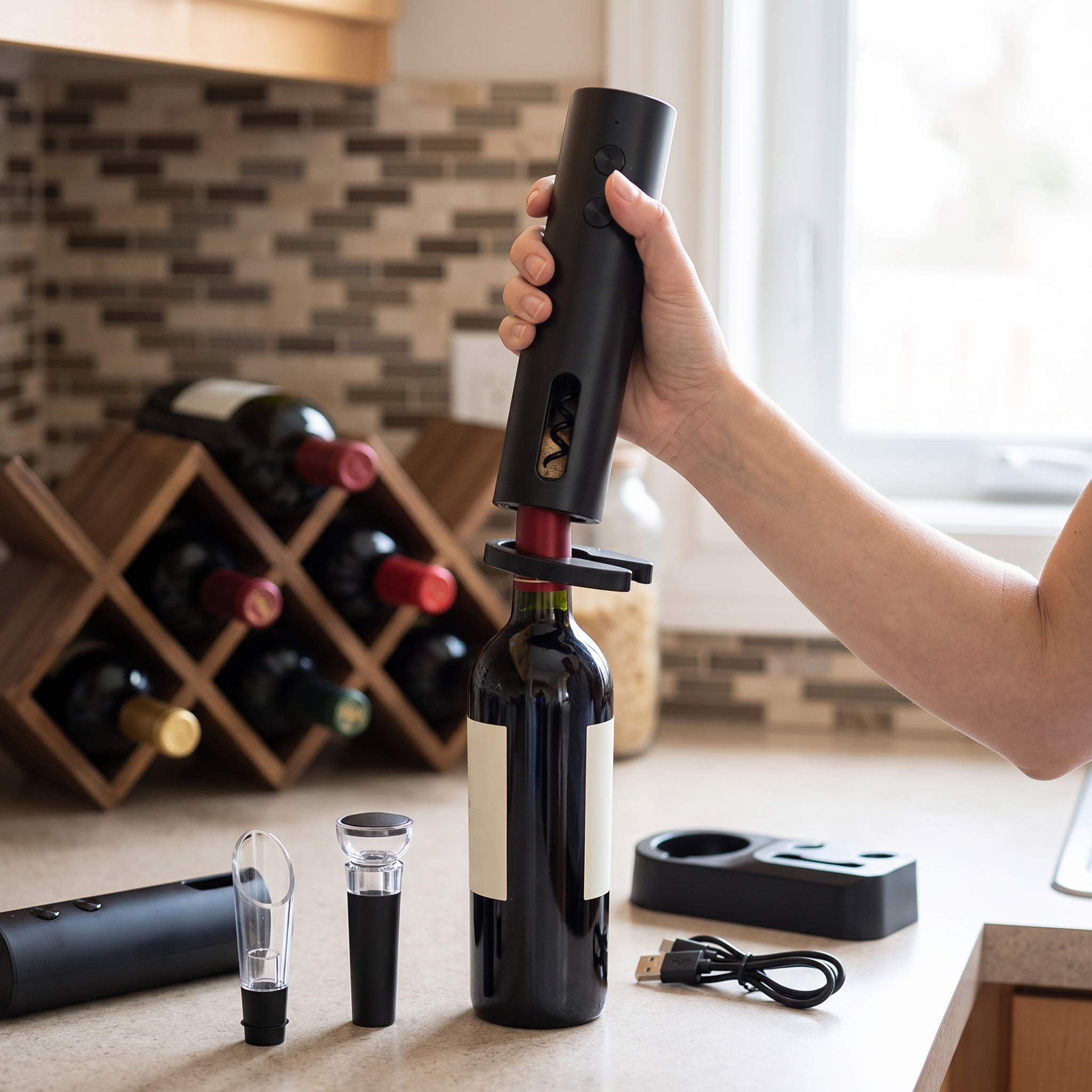 Rechargeable electric wine opener with foil cutter and pourer in use in a kitchen