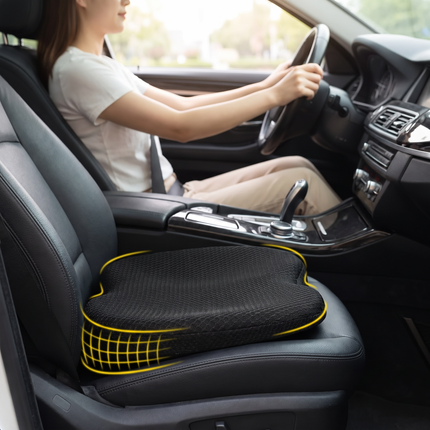 2-in-1 memory foam car seat cushion with lumbar support in use on a driver seat