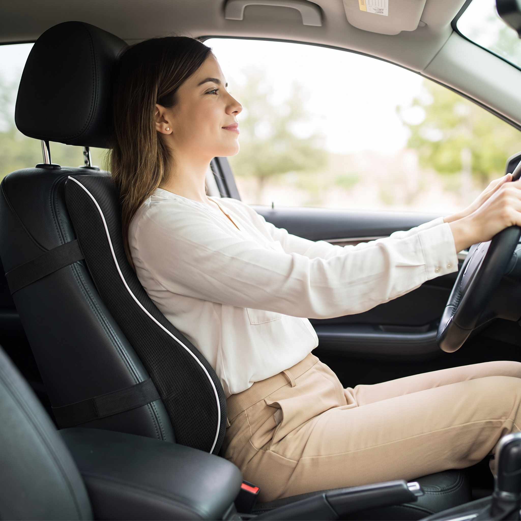 Memory foam car seat cushion with lumbar support used during a long drive