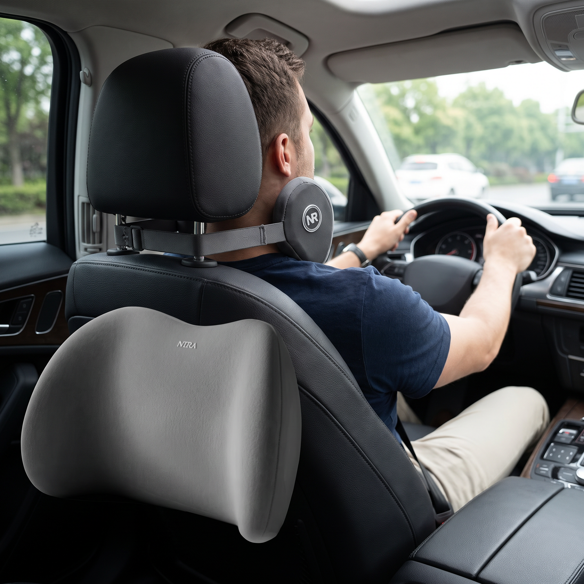 Car neck and lumbar support pillow set attached to a seat while driving