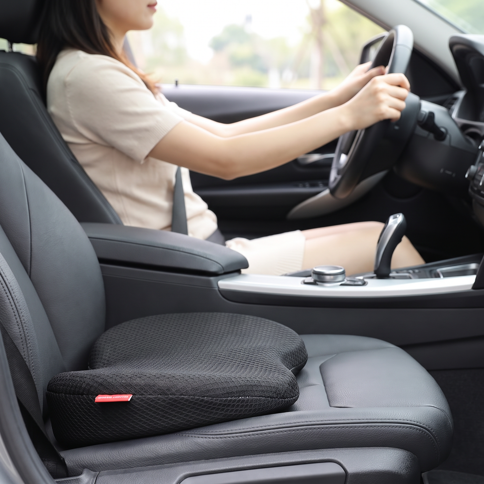 Memory foam car seat cushion with height increase in use on a driver seat