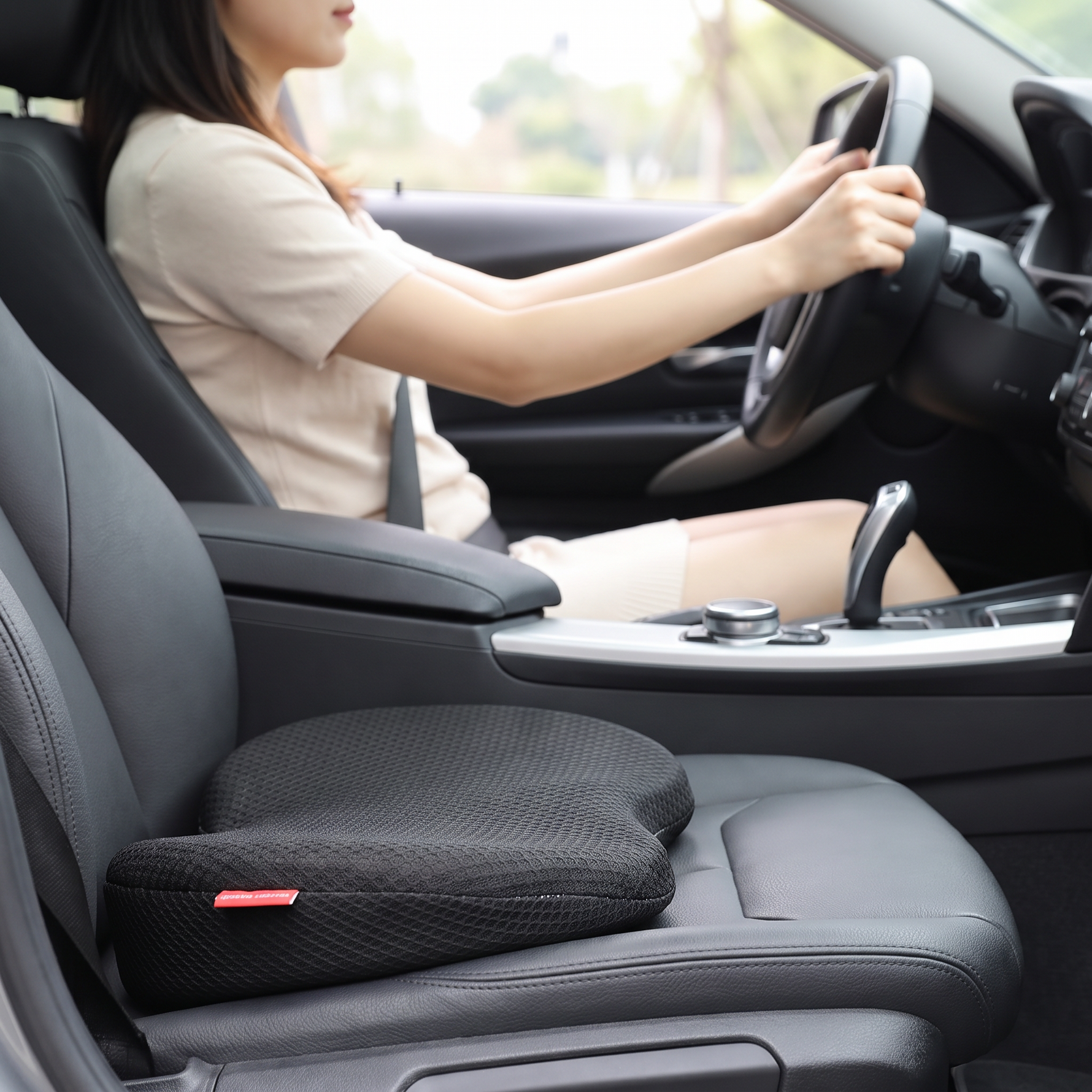 Memory foam car seat cushion with height increase in use on a driver seat