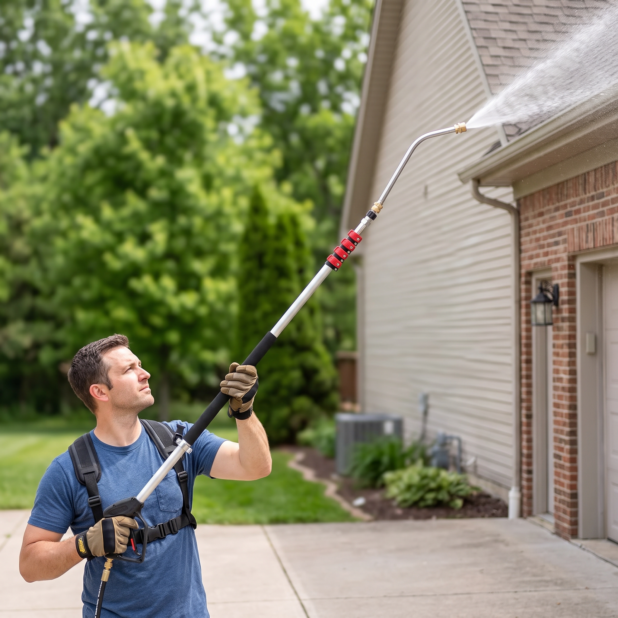 Telescopic pressure washer extension wand cleaning a house roof gutter