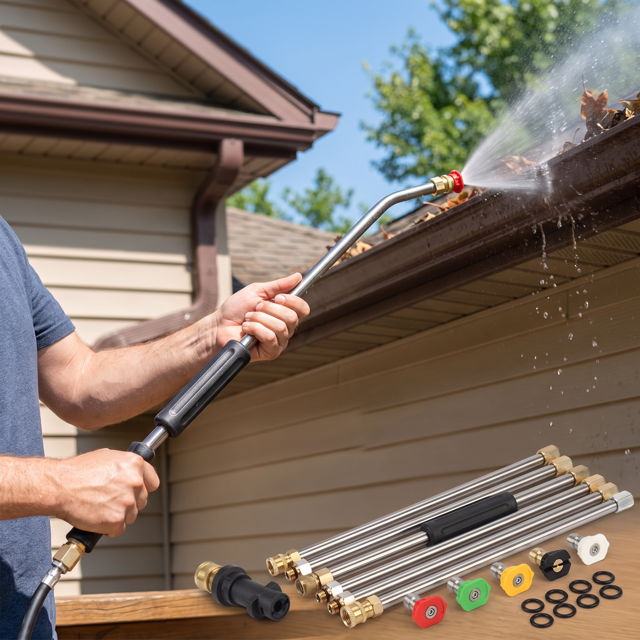 Gutter cleaning pressure washer extension wand spraying a roof gutter