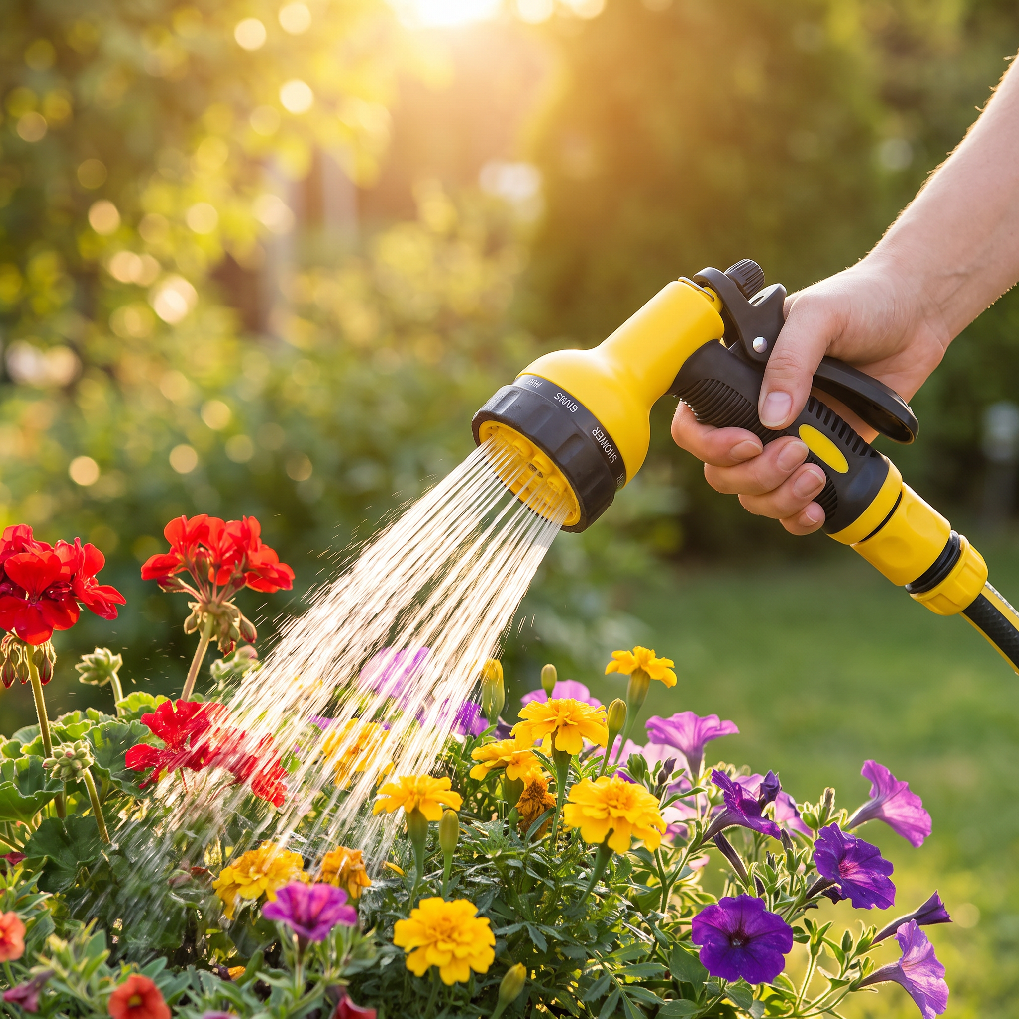 Multifunctional pressure washer spray gun watering plants in a garden