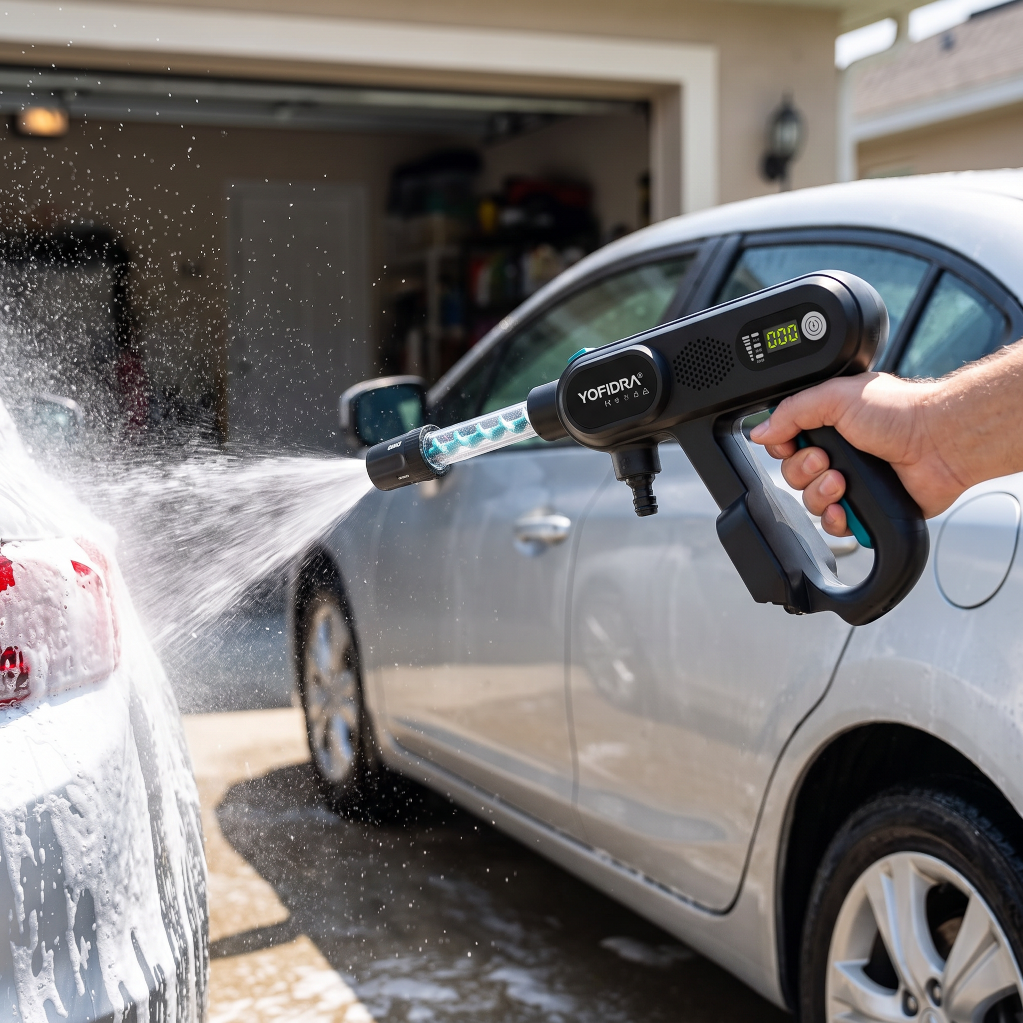 5-in-1 cordless electric high-pressure car washer rinsing a car in a driveway