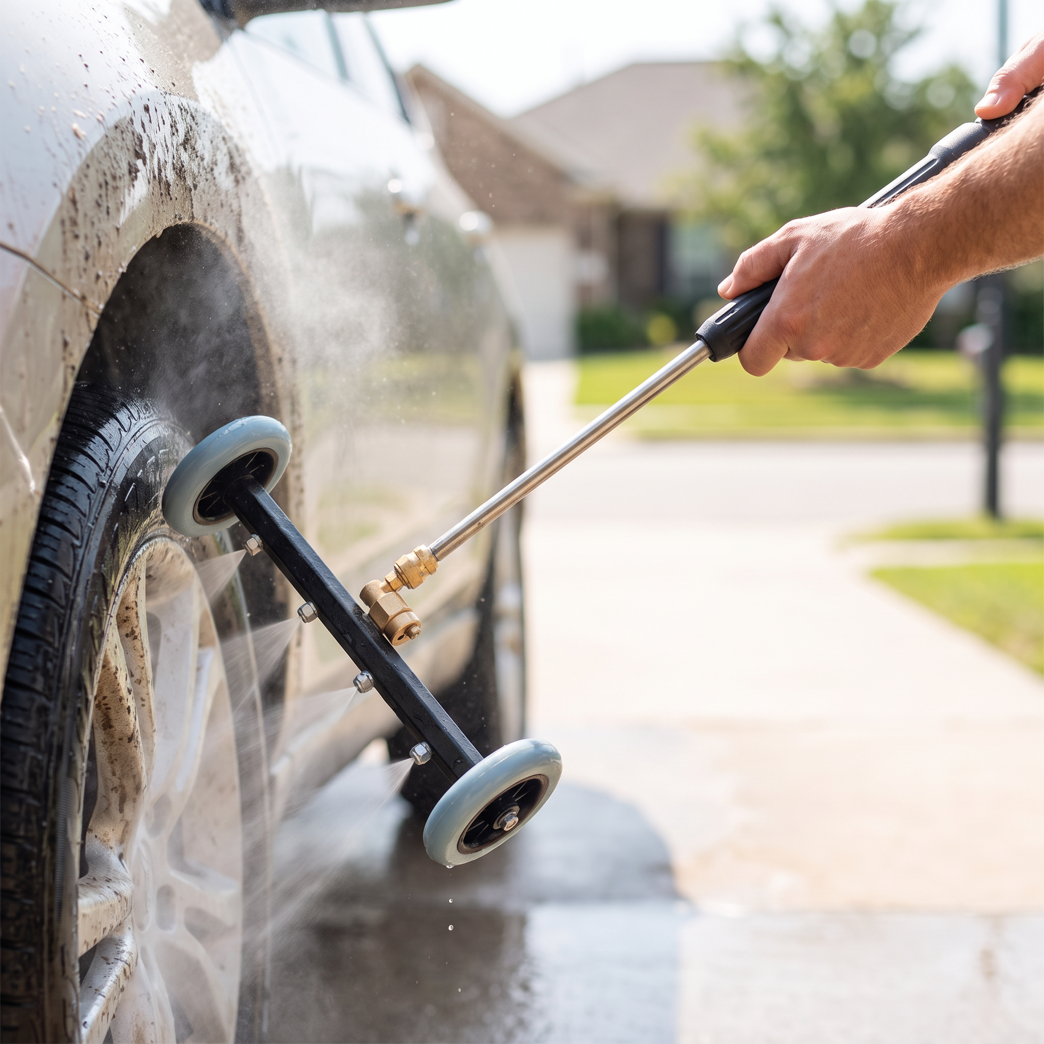 High-pressure electric washer with long nozzle cleaning a car wheel arch
