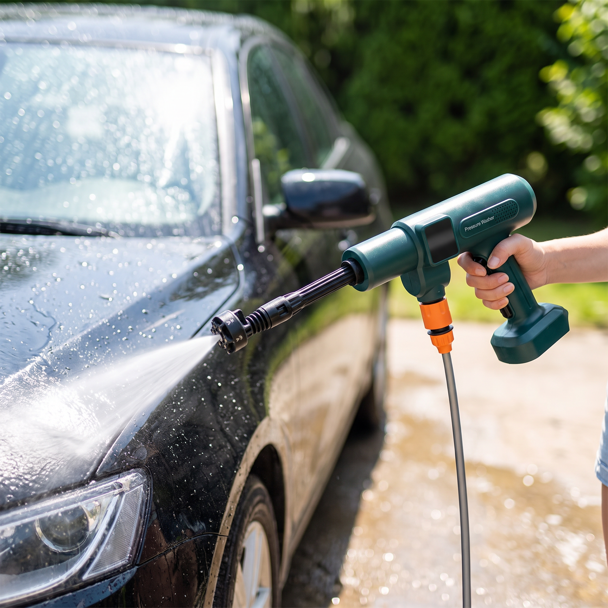 High-pressure car washer gun with 6-in-1 nozzle spraying a car hood