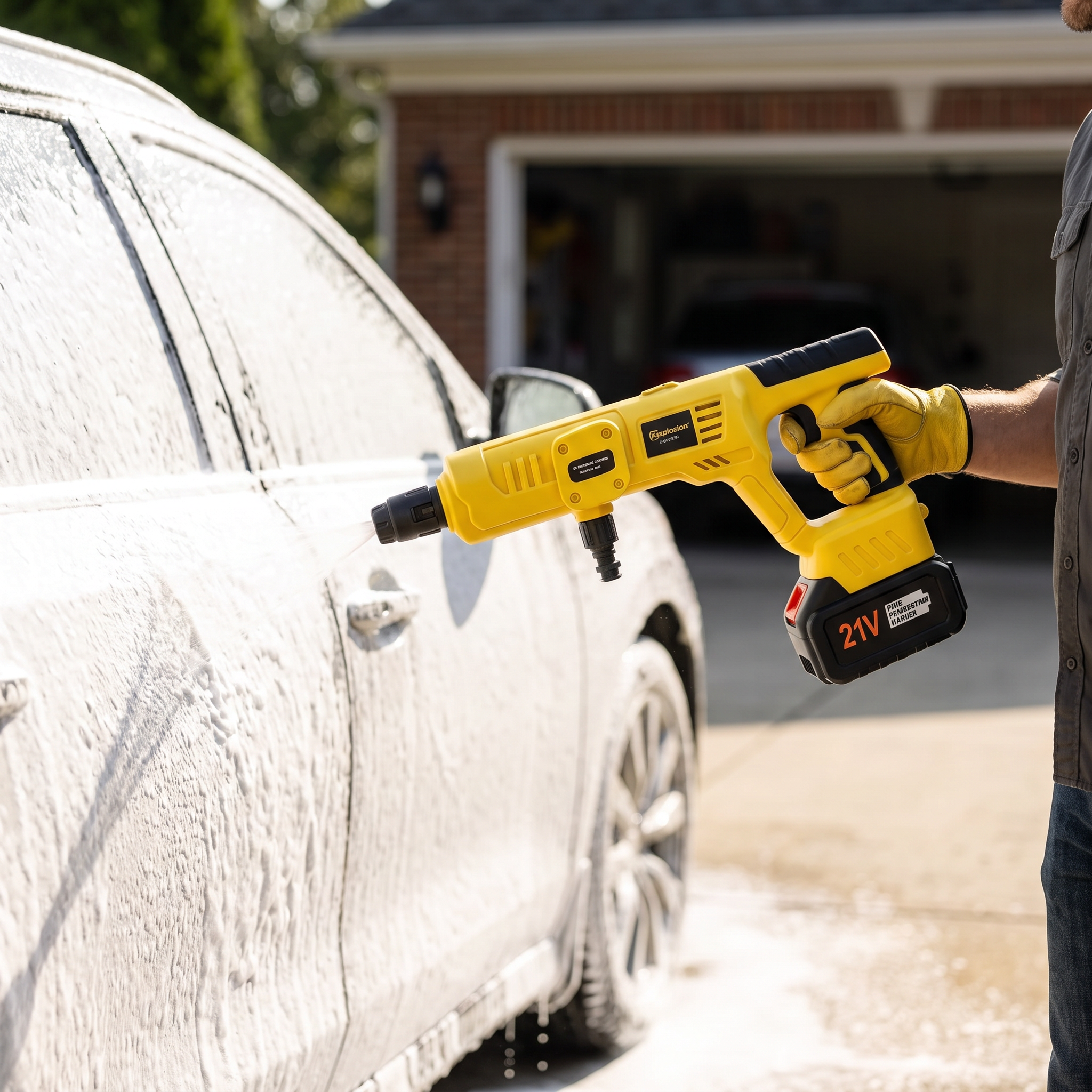Cordless rechargeable pressure washer foam gun covering a car door in foam
