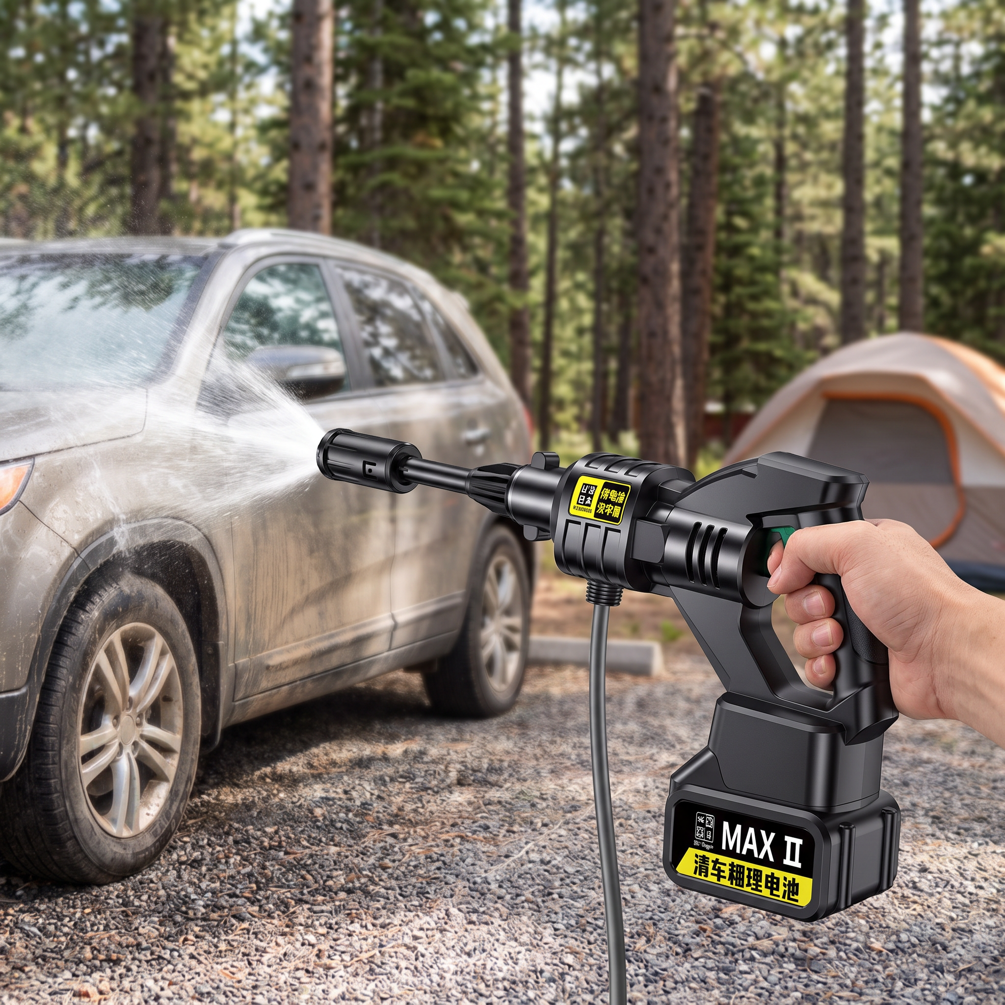 Wireless portable high-pressure car washer with lithium battery in outdoor use