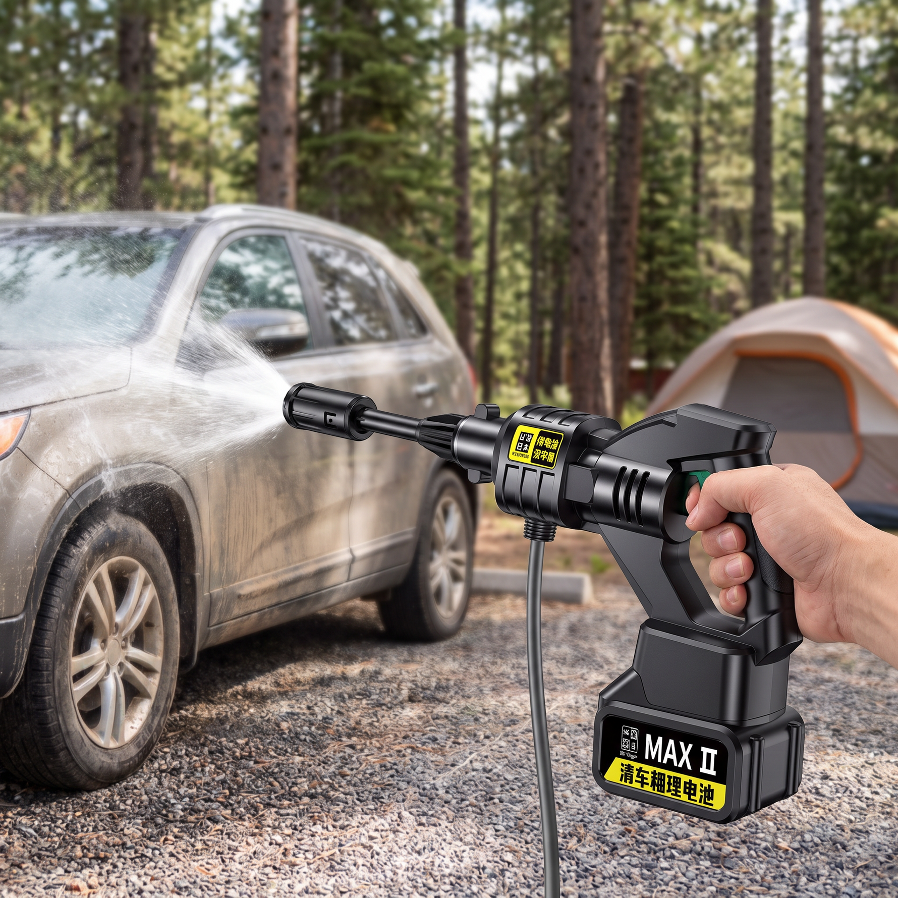 Wireless portable high-pressure car washer with lithium battery in outdoor use