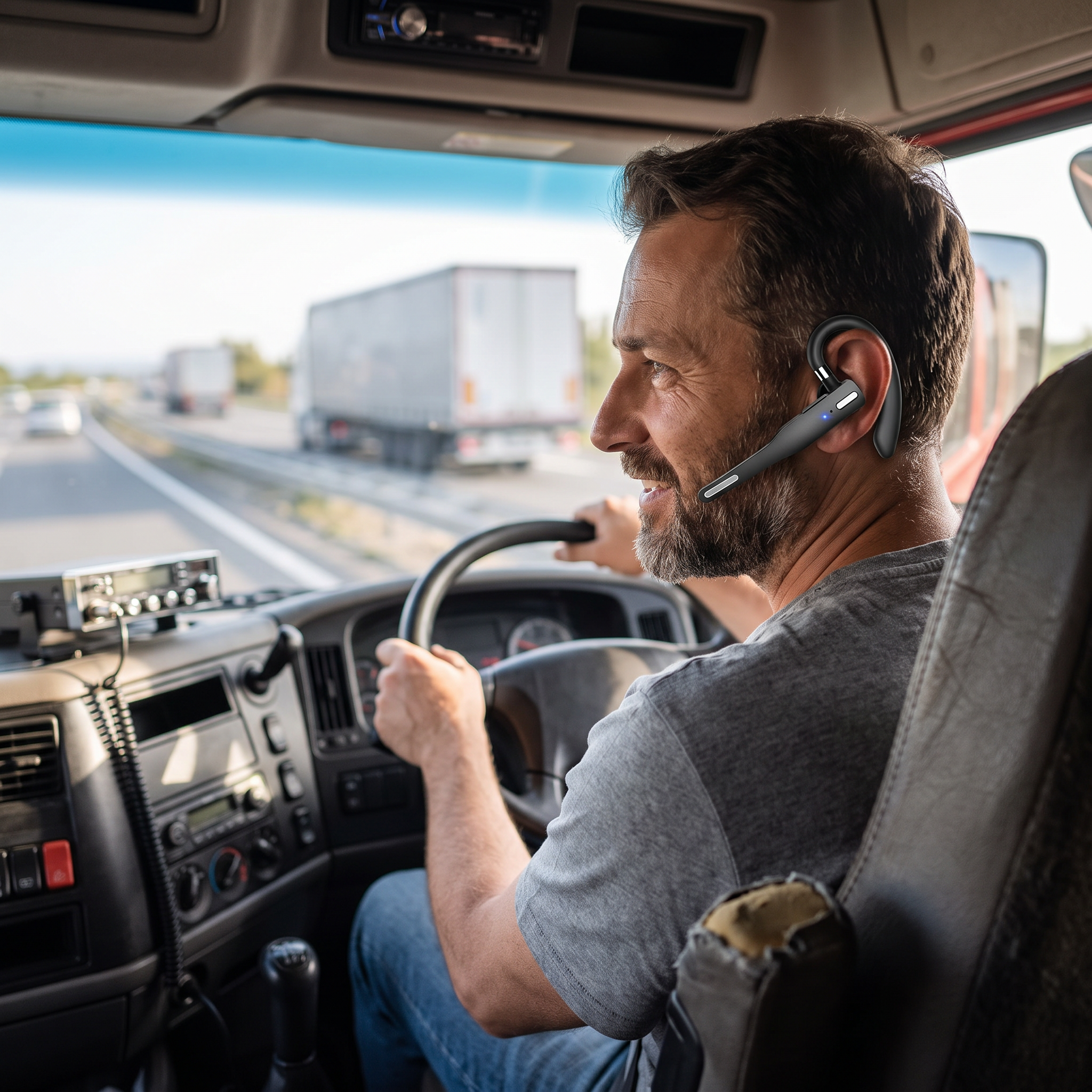 Dual-mic wireless Bluetooth noise cancelling headset worn by a truck driver