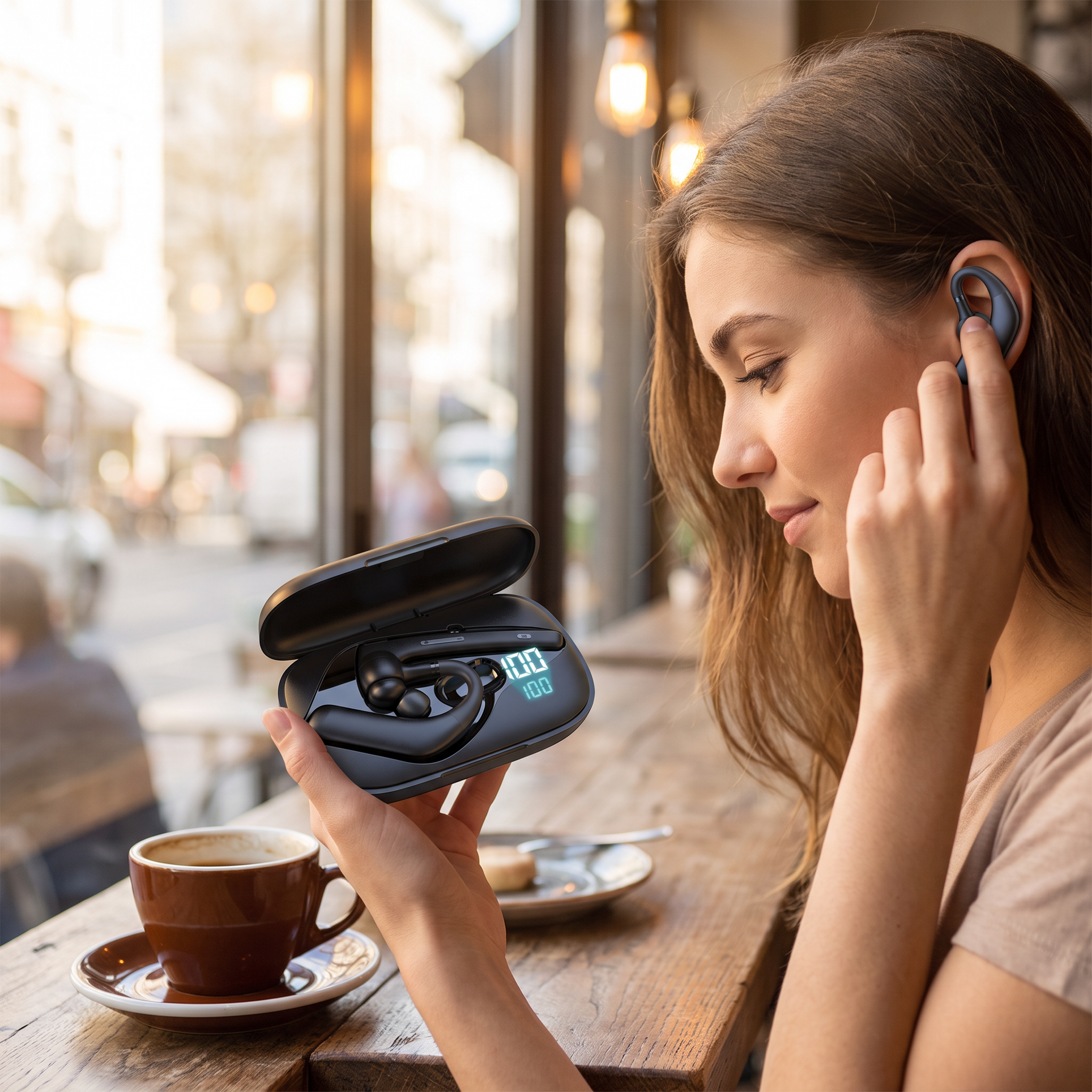 Woman holding wireless earbuds and charging case in a coffee shop