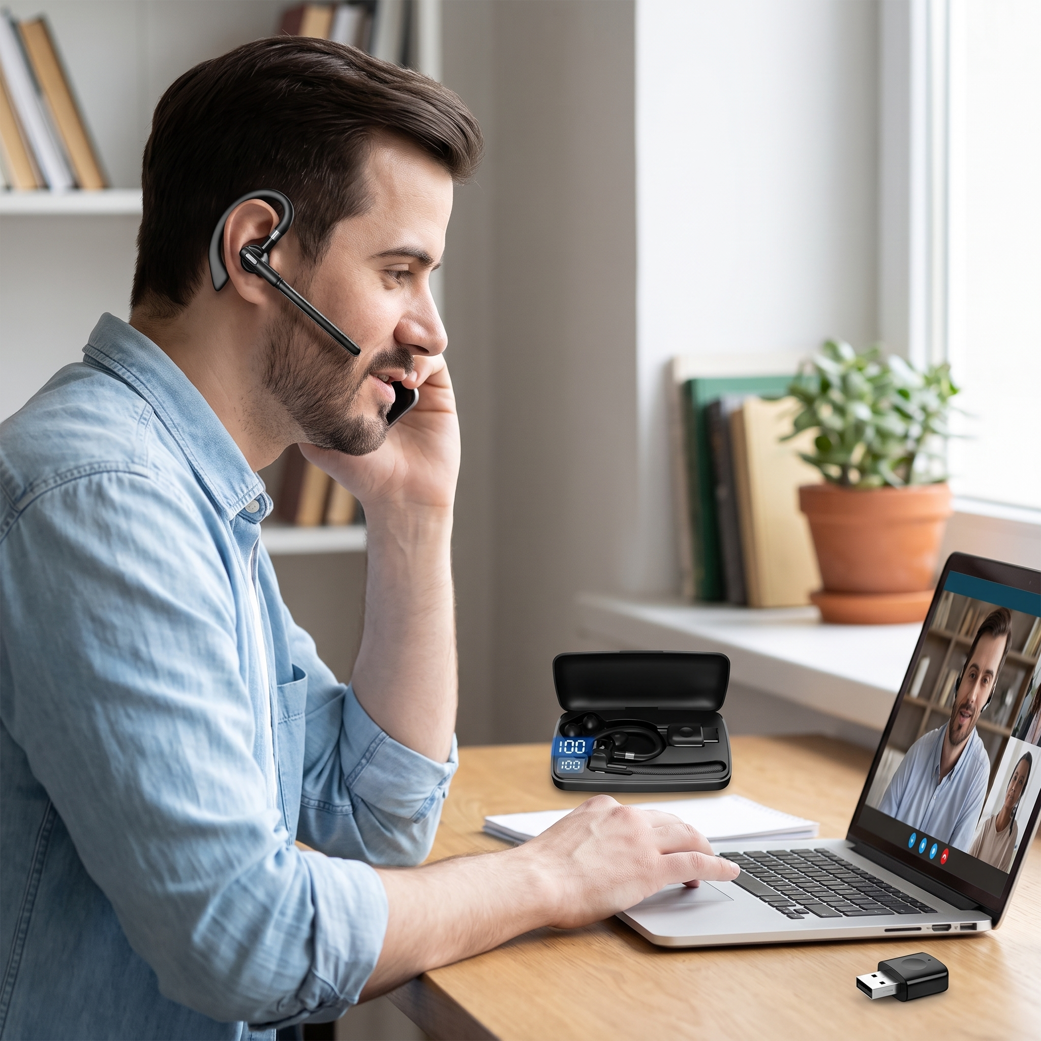 Man wearing dual mic wireless earbuds on a video call at his desk