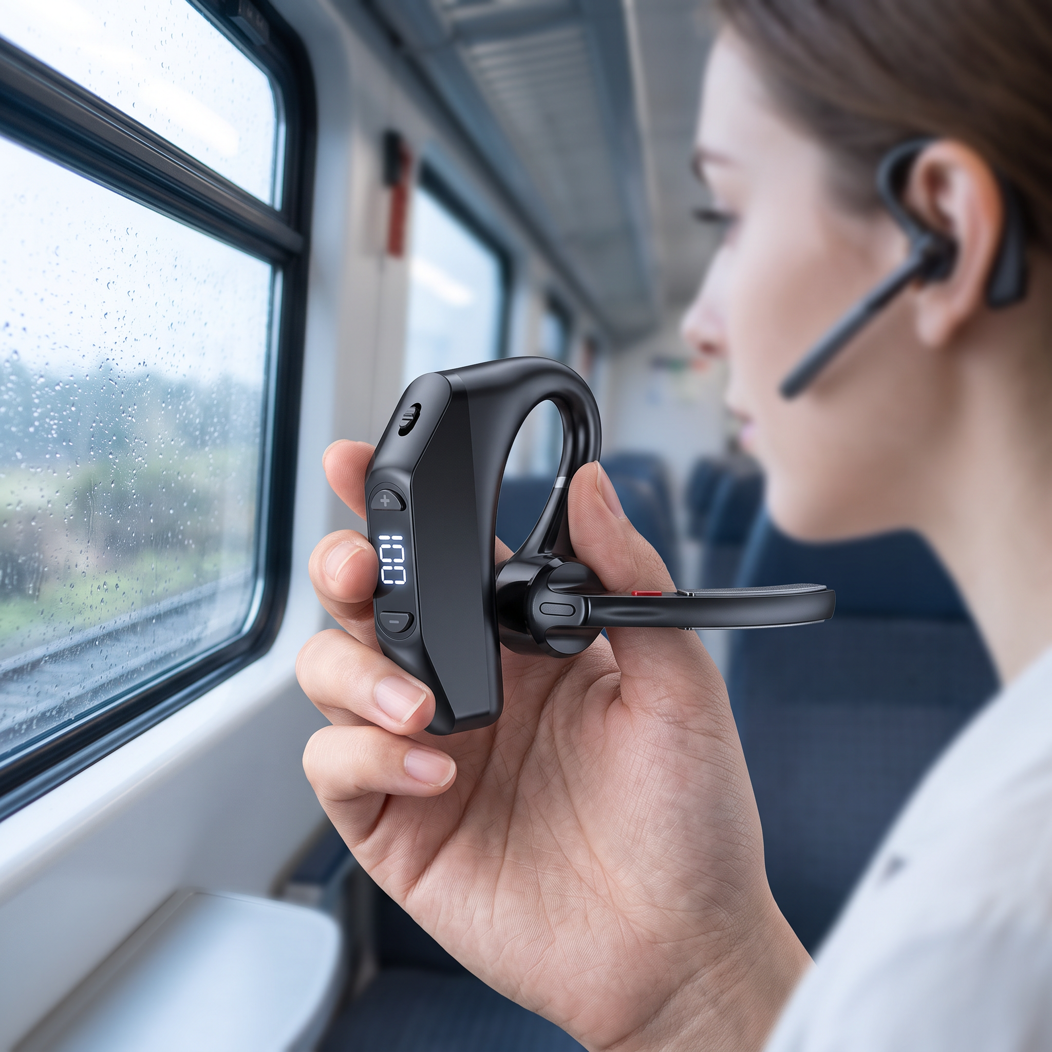 Commuter holding wireless earbuds case with LED display on a train