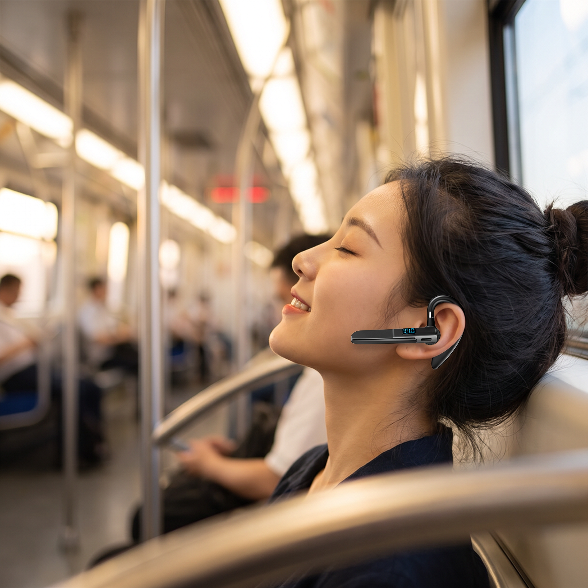 Woman wearing noise cancelling wireless earbuds on a subway train