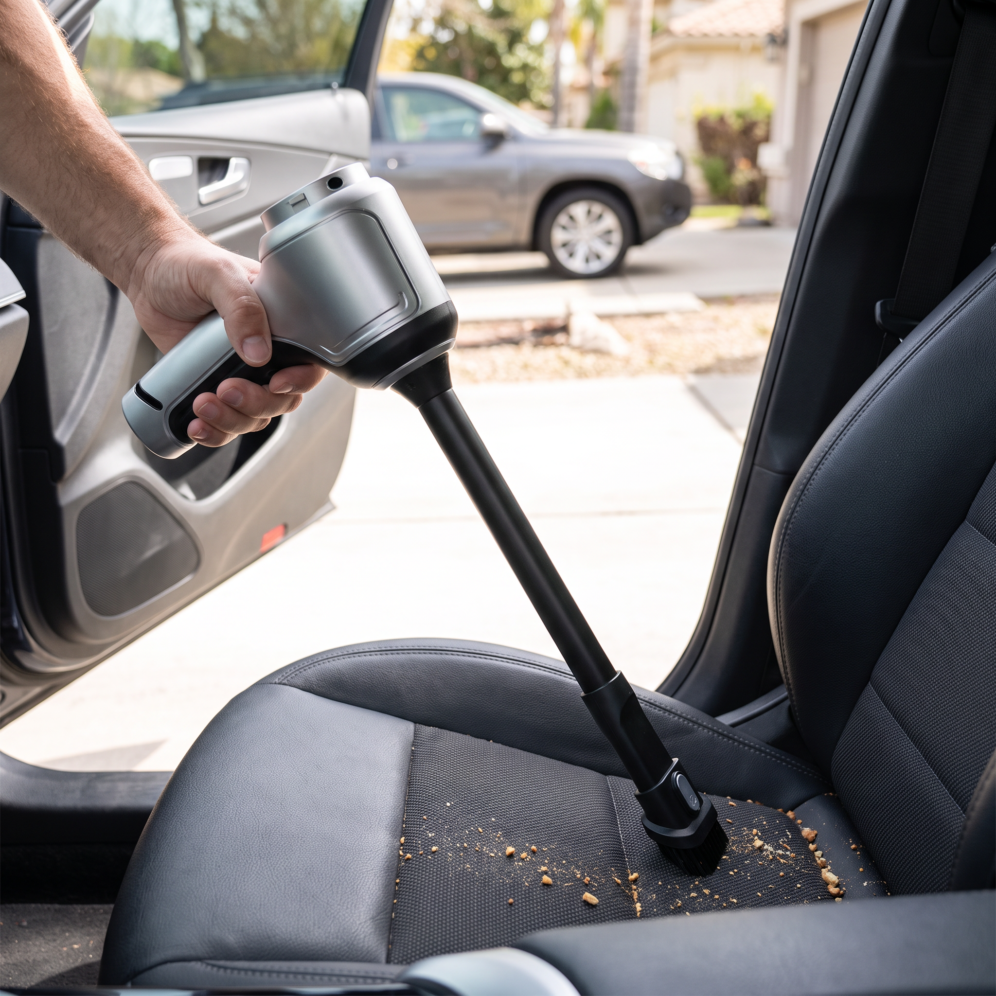Man using a cordless handheld car vacuum to clean a car seat