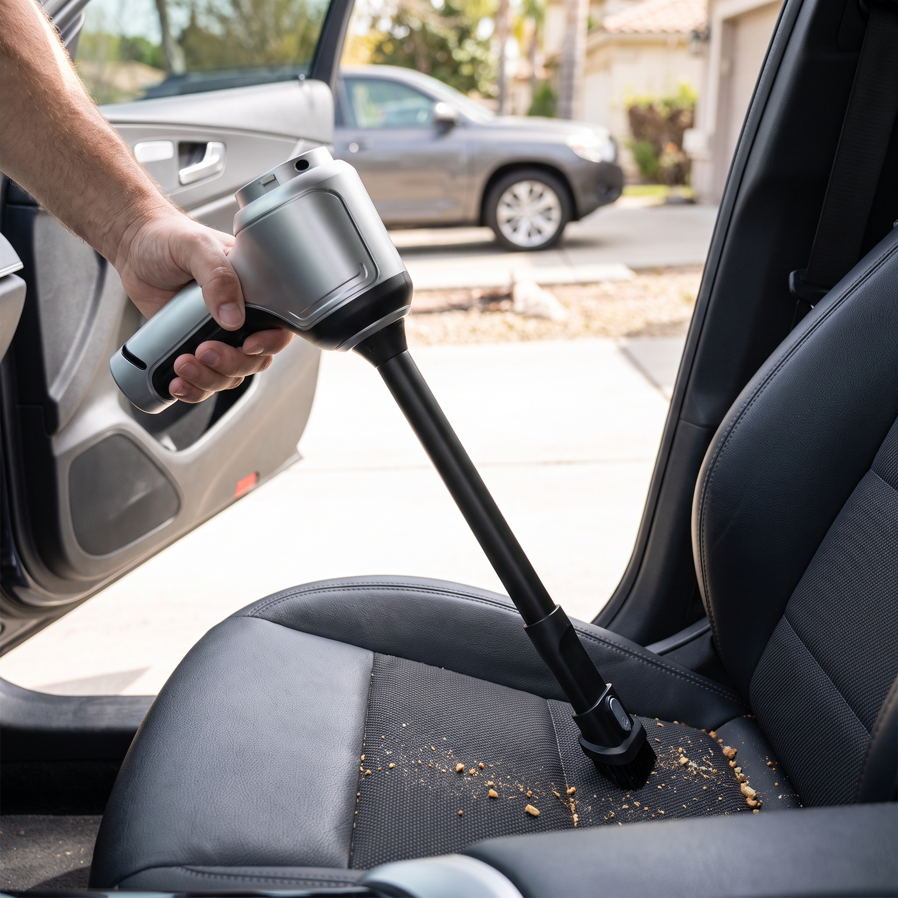 Man using a cordless handheld car vacuum to clean a car seat