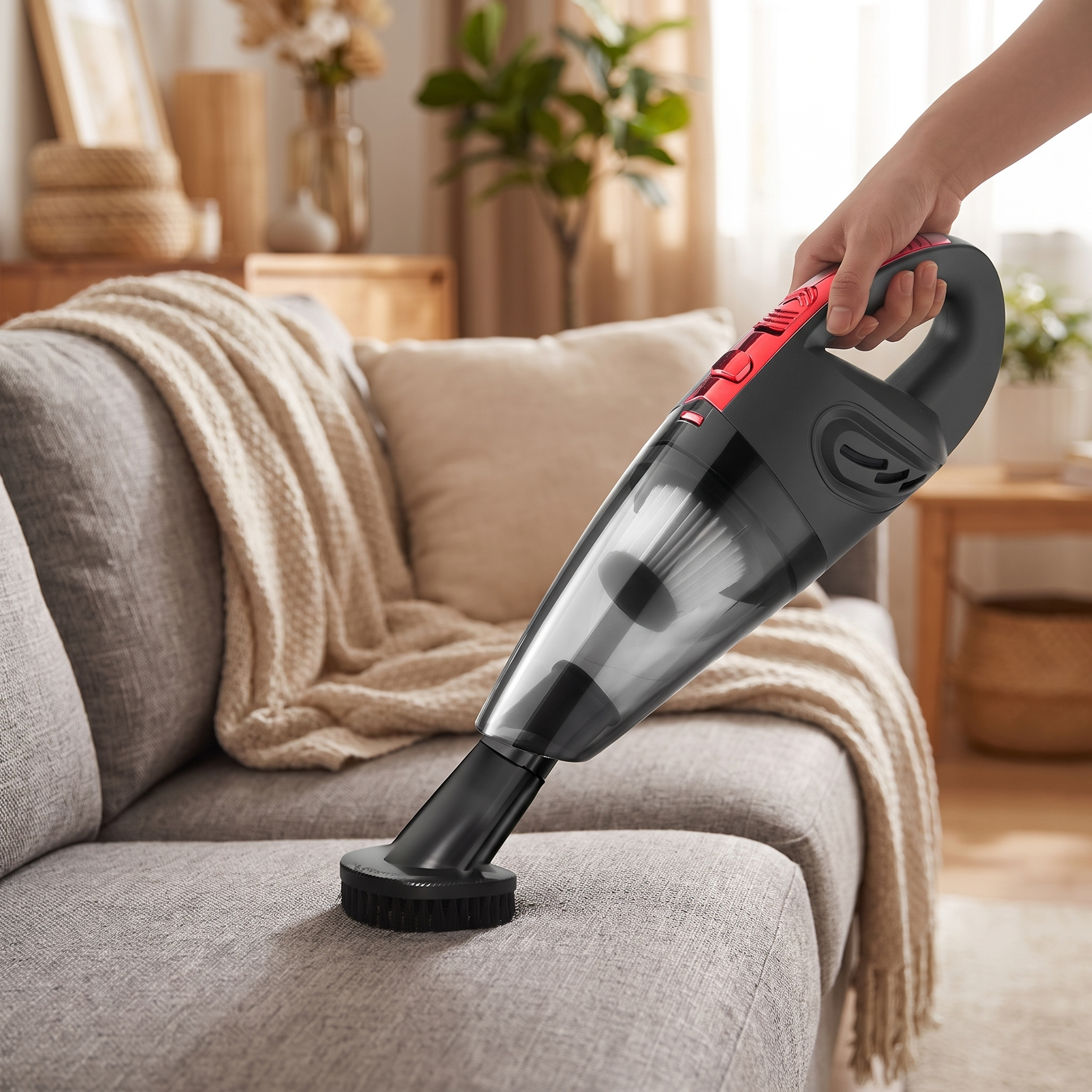 Woman using a portable rechargeable vacuum on a living room sofa