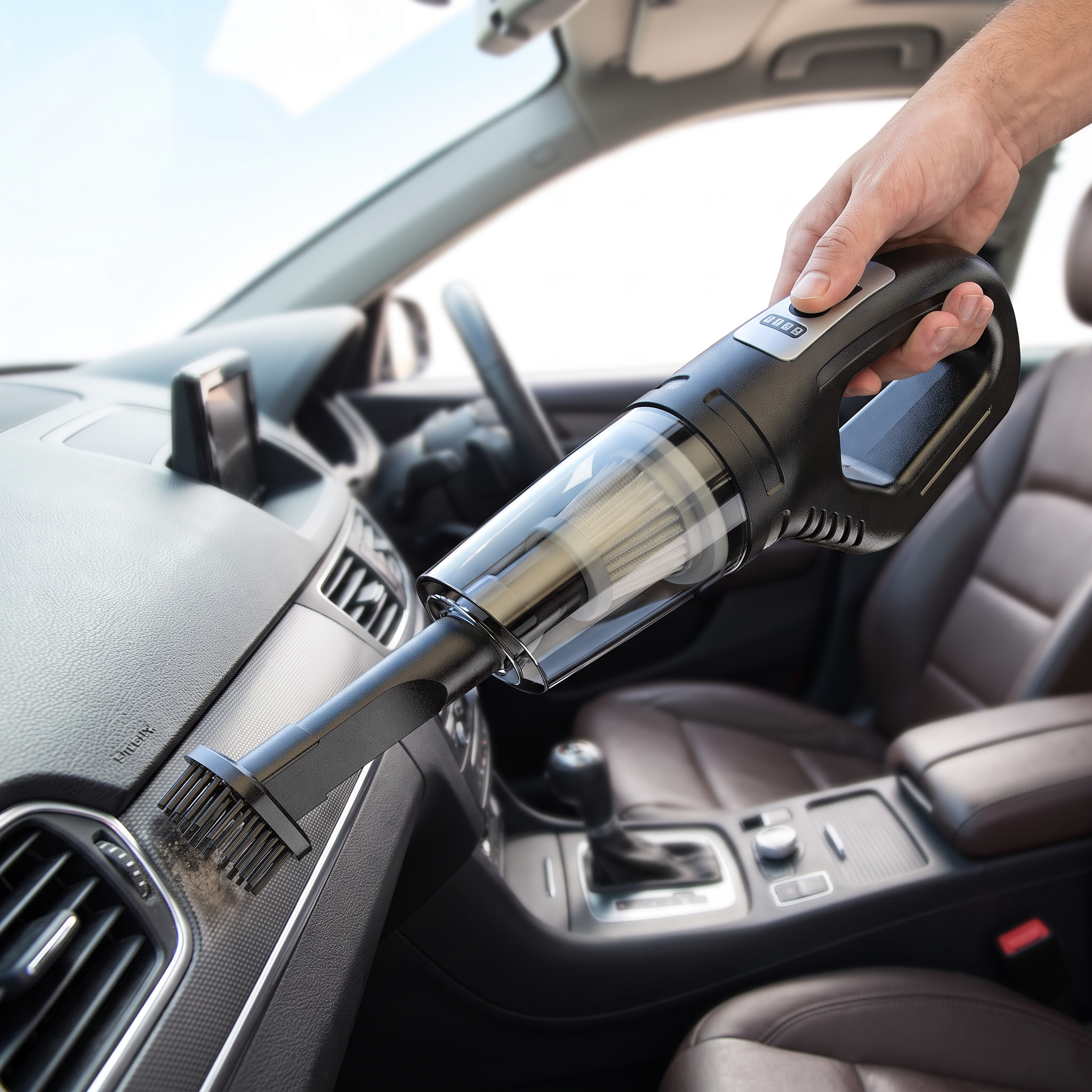 Man cleaning a car dashboard with a 120W handheld car vacuum