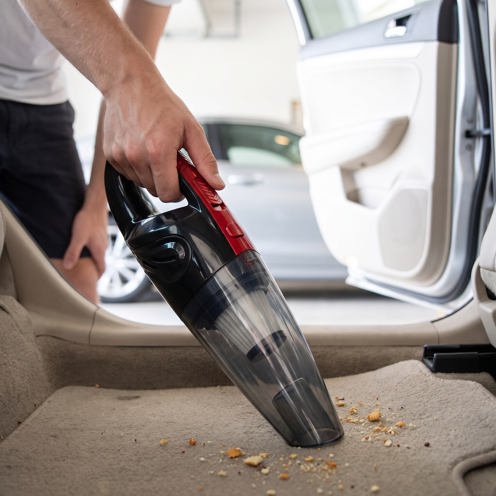 Man detailing a car floor mat with a wireless handheld vacuum