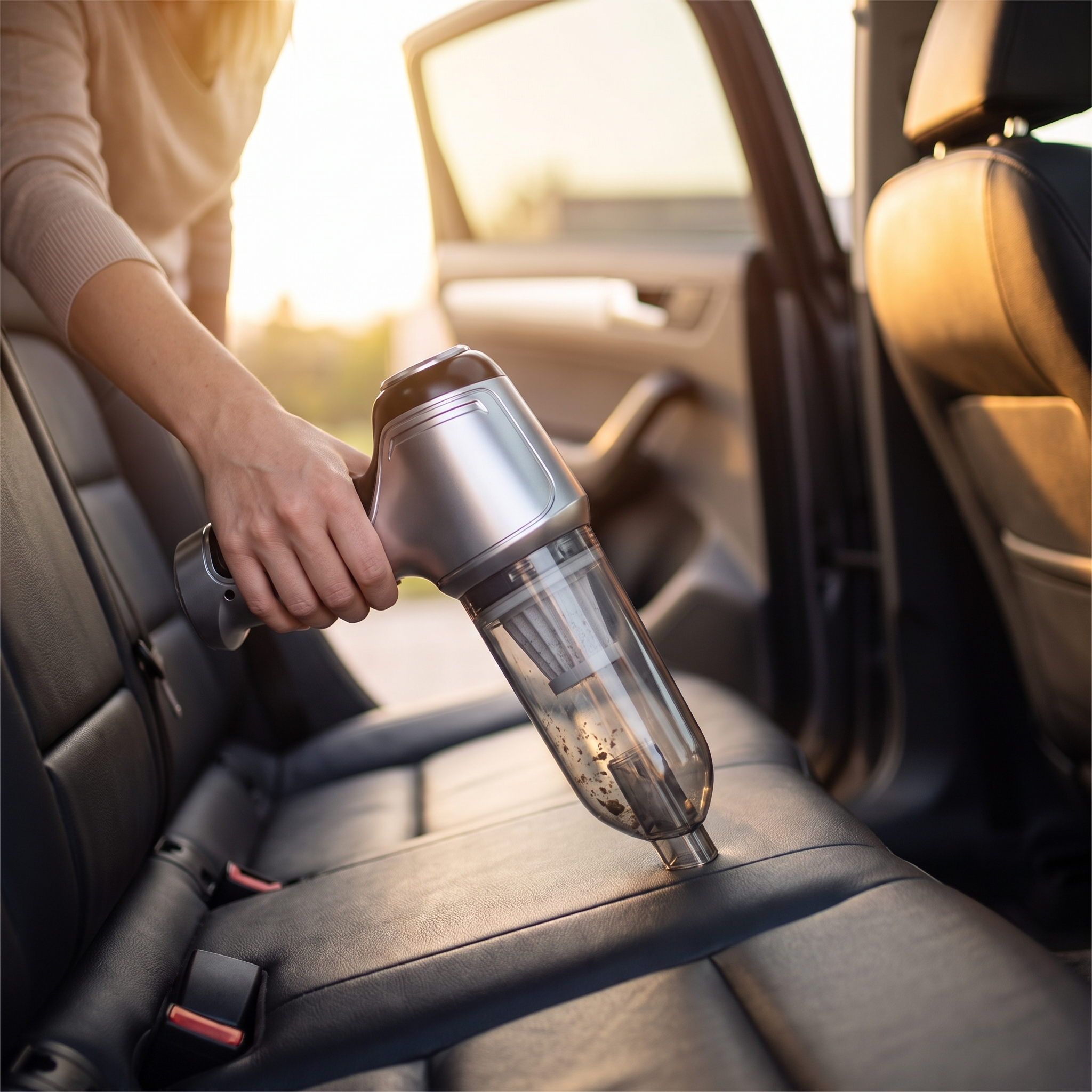 Woman vacuuming between car seats with a high suction car vacuum
