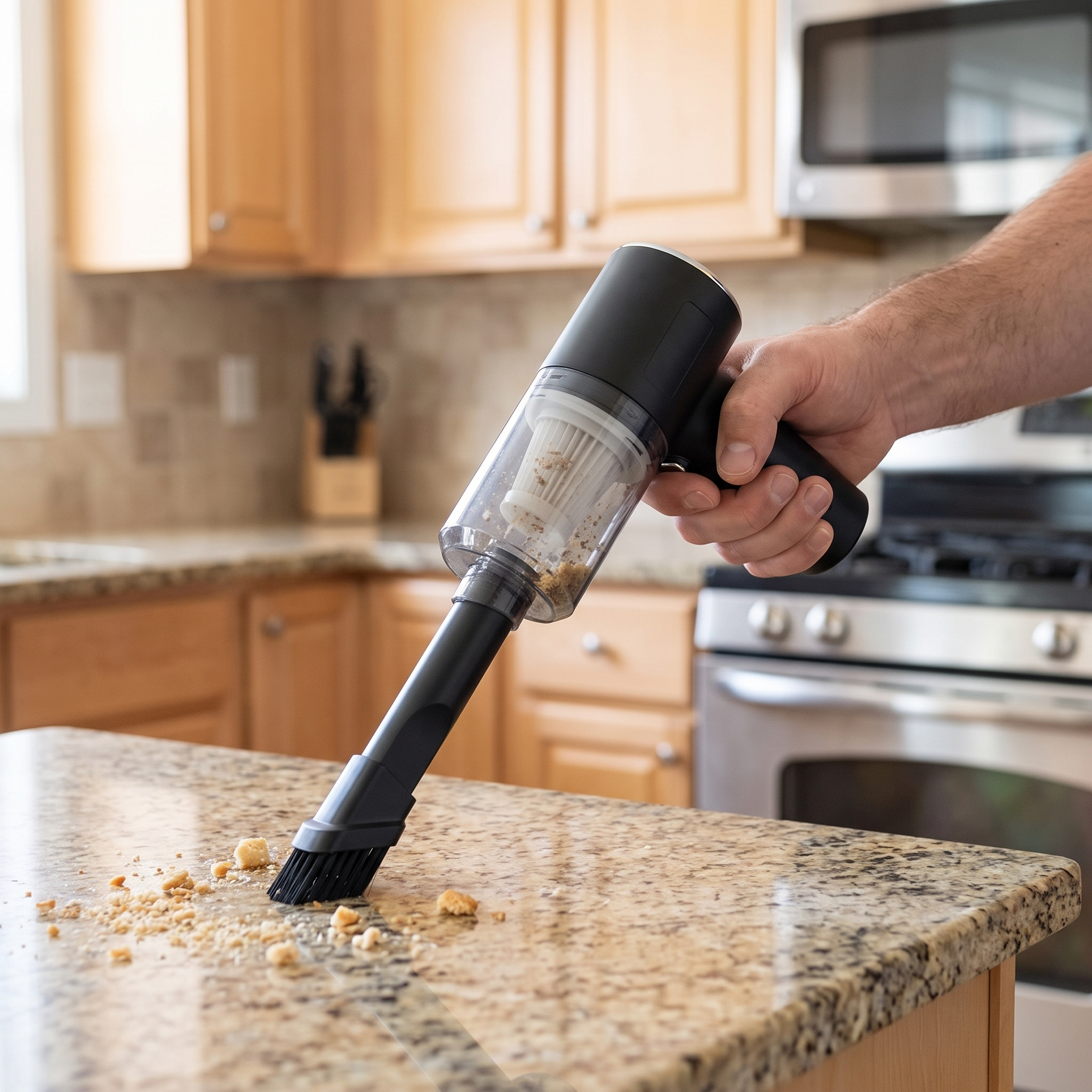 Man cleaning a kitchen counter with a dual use wireless vacuum