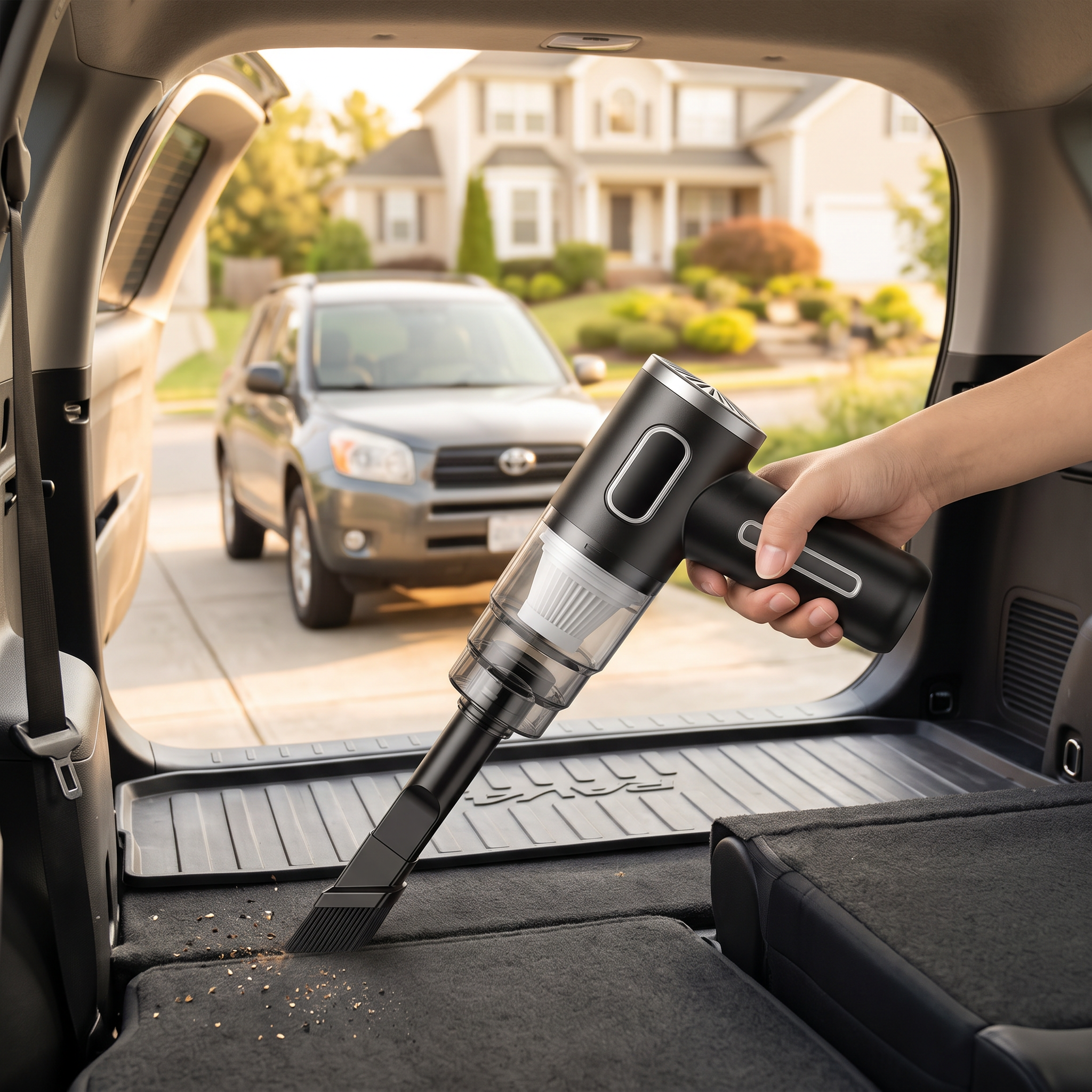 Woman cleaning an SUV trunk with a cordless handheld vacuum