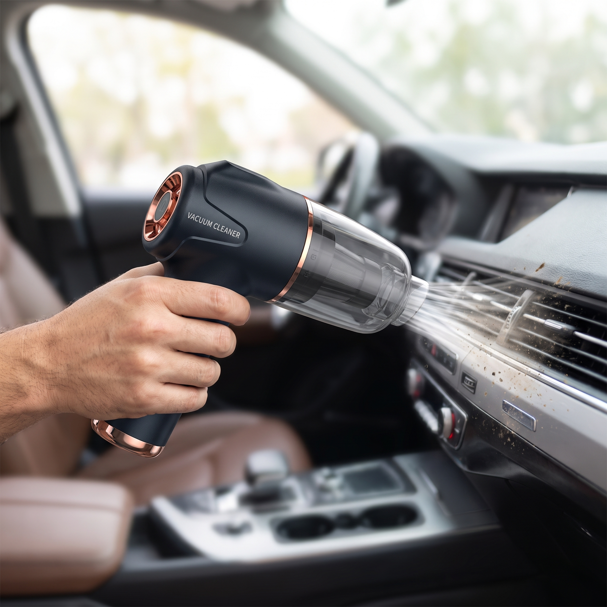 Man clearing a car air vent with a 3-in-1 suction and blowing vacuum