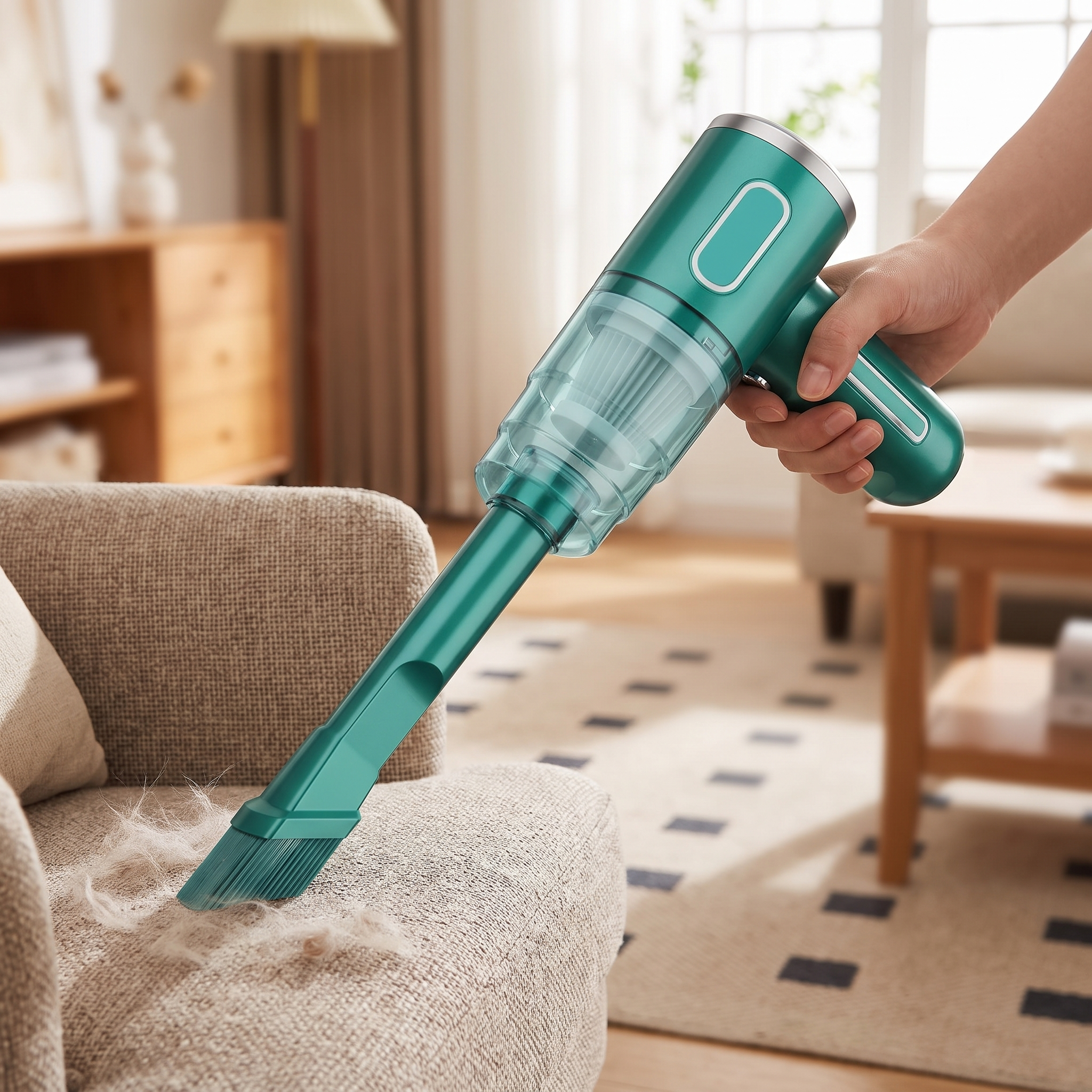 Woman vacuuming pet hair from an armchair with a lightweight vacuum