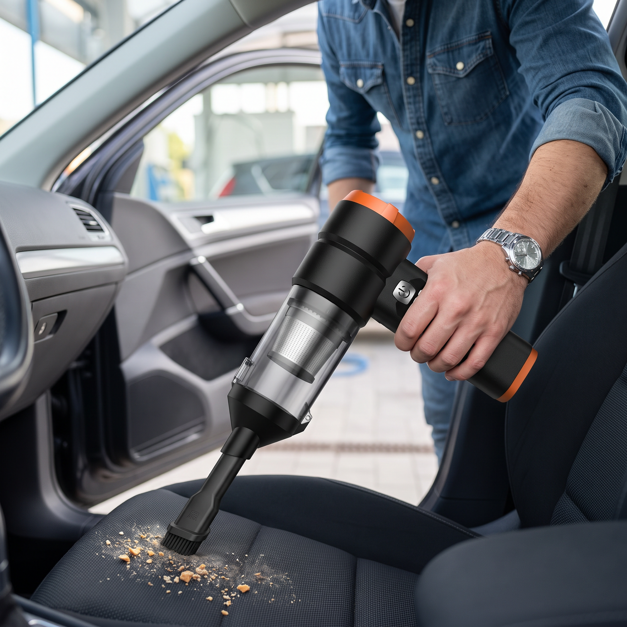 Man vacuuming a car seat with a portable cordless car vacuum
