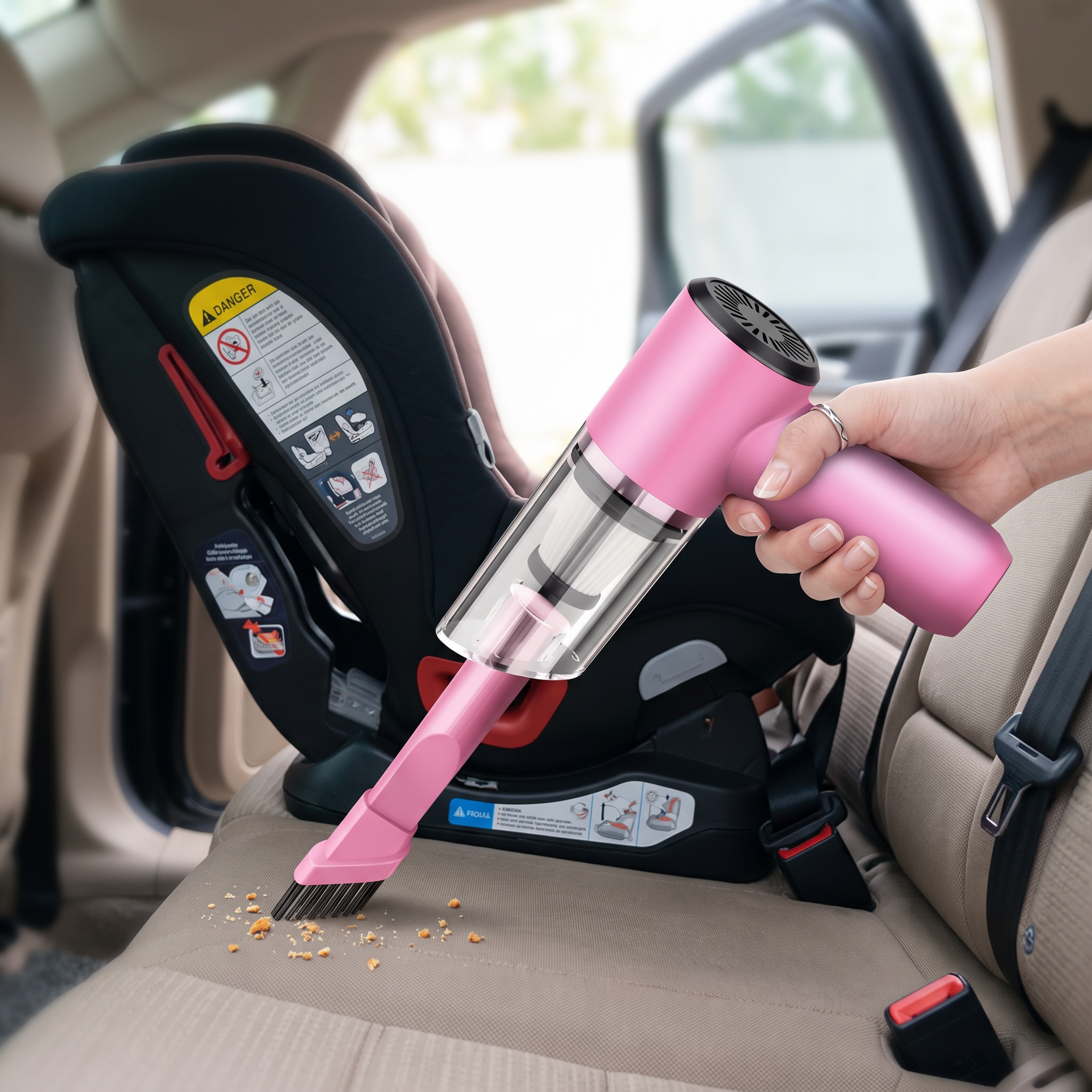 Woman cleaning a car back seat with a compact 12V handheld vacuum