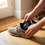 Gel orthotic insoles being placed in a shoe