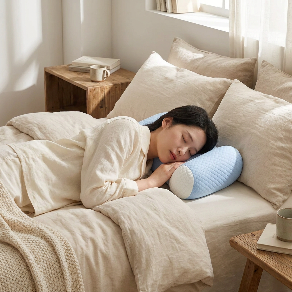 Cervical pillow in use on a bed