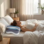 Contoured cervical memory foam pillow on a bed