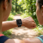 Health tracking smartwatch worn on the wrist outdoors
