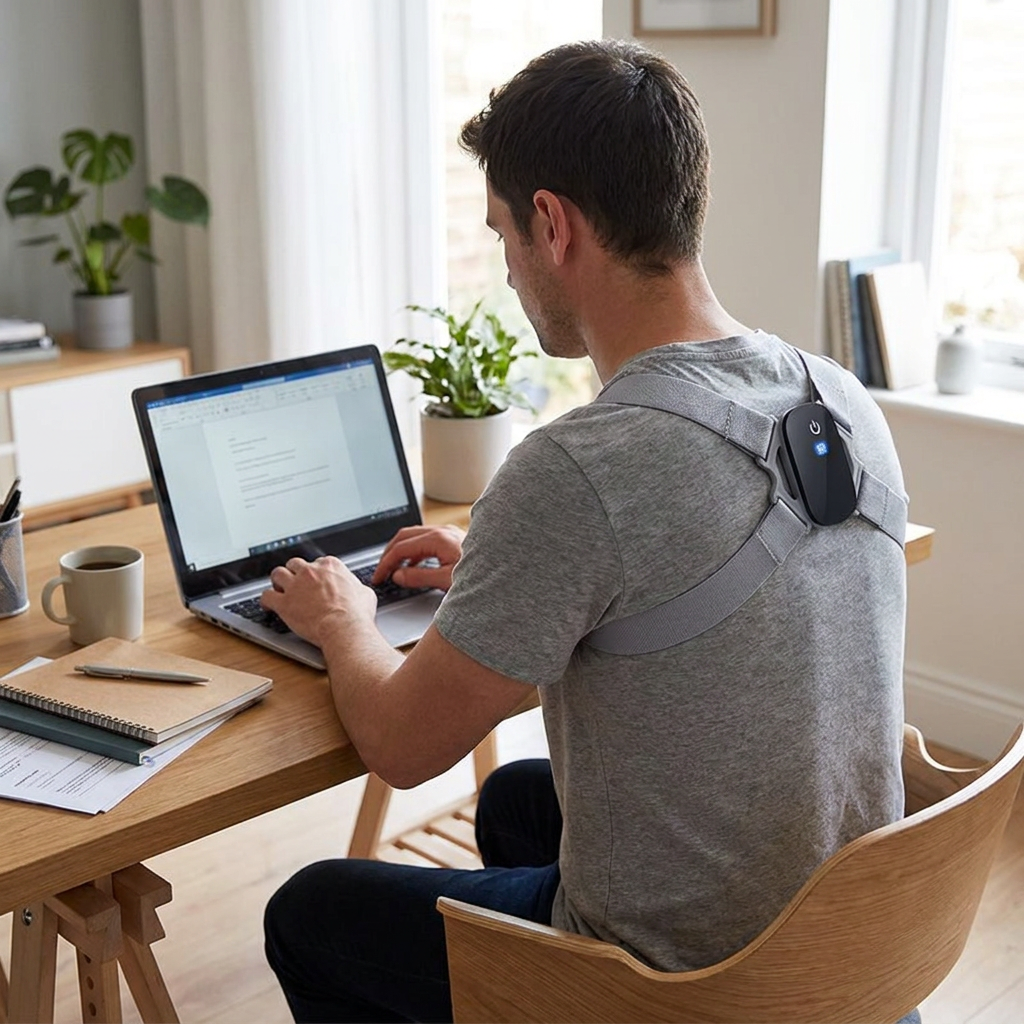 Smart posture corrector worn while working at a laptop