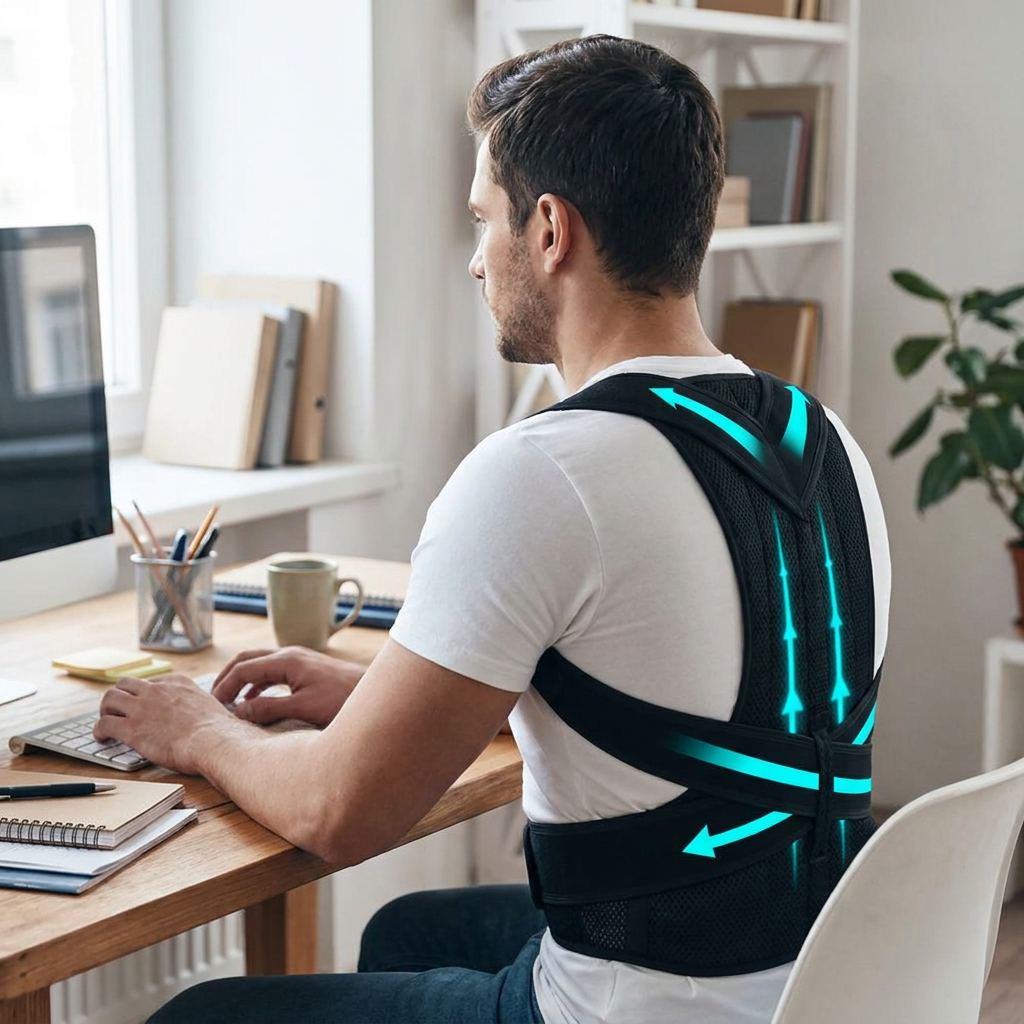 Posture support back brace worn at a desk