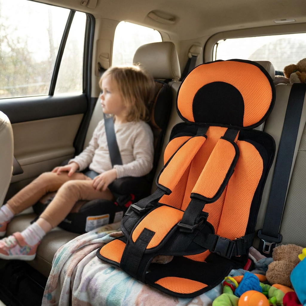 Child booster seat cushion installed in a car