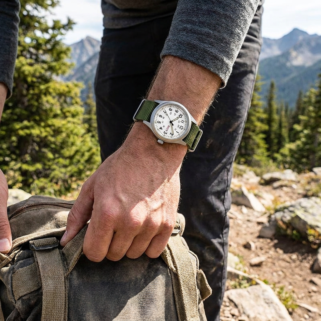 Men's field watch worn on a mountain trail