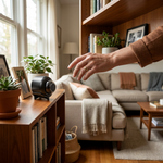 Mini WiFi security camera on a shelf in a living room