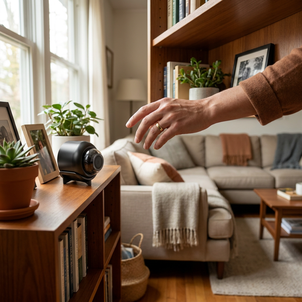 Mini WiFi security camera on a shelf in a living room