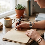 Women's quartz leather band watch worn at a desk