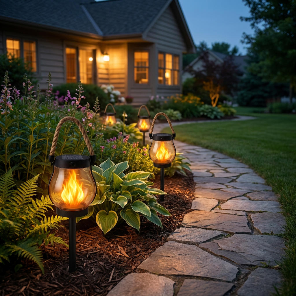 Solar flame garden lights along a path at dusk