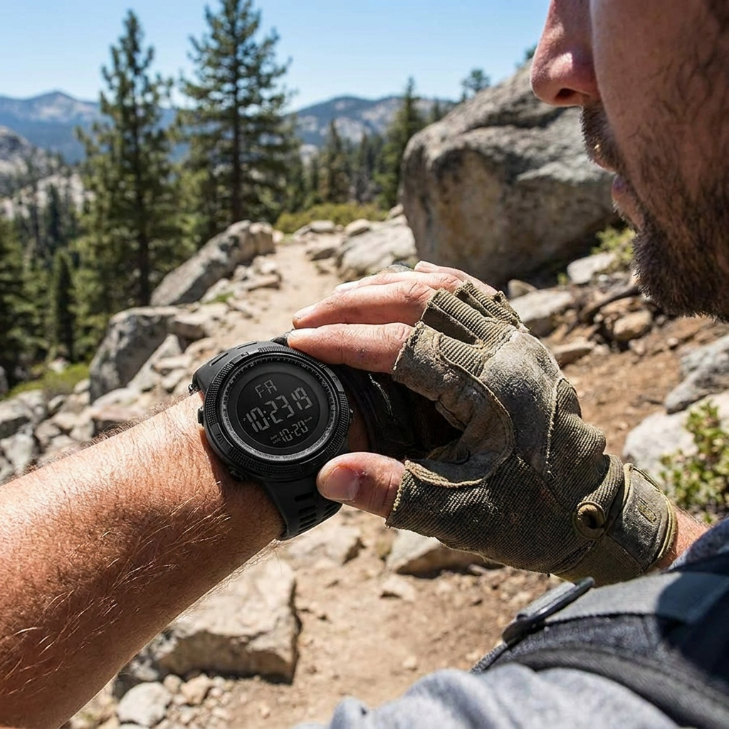 Digital military sports watch worn on a hike