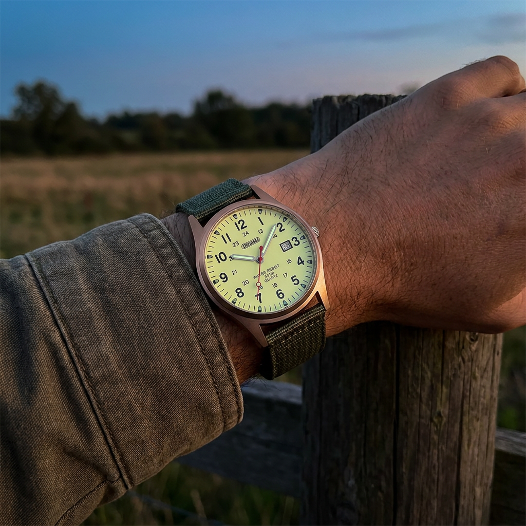 Military quartz watch with nylon strap worn outdoors